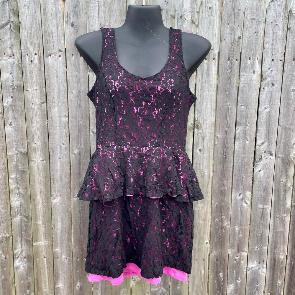 Womens pretty pink and black floral lace peplum mini dress